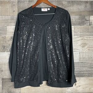 Quaker Factory Womens  L Black Sequin Layered Look Long Sleeve Top Stretch